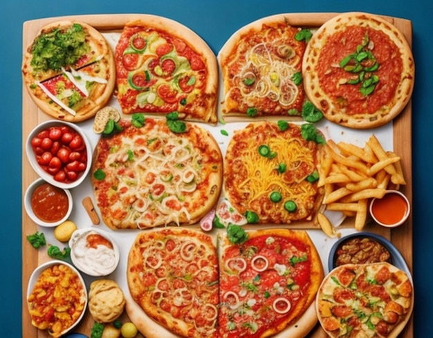 Top view op tafel vol met verschillende soorten voedsel met liefde vorm Pizza burger Frans Vel 102