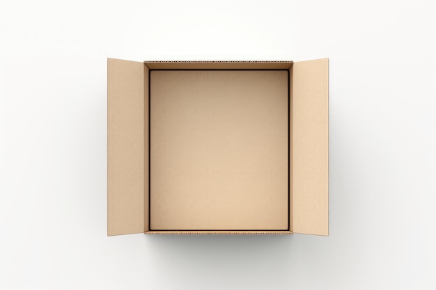 Top view of open cardboard box mockup on white background