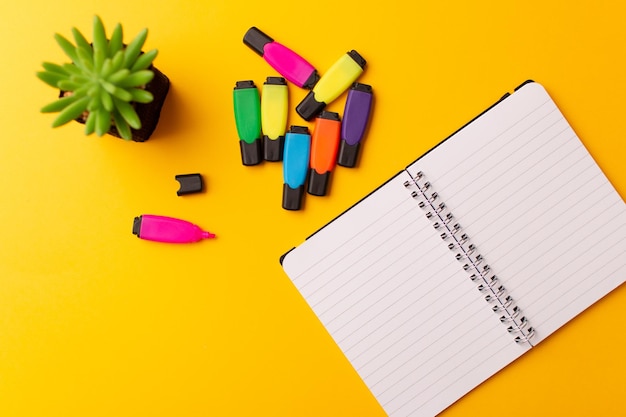 Top view of an open journal, colorful highlighters, and a plant on a yellow background