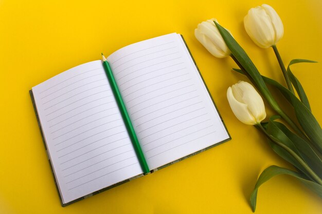 Top view of open notepad, pencil and tulips on the yellow