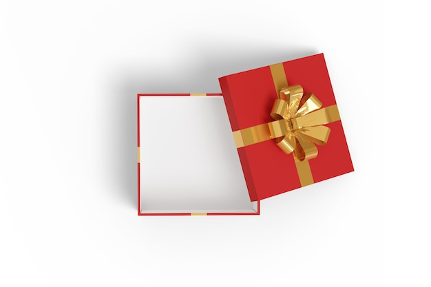 Foto vista dall'alto della confezione regalo rossa aperta con fiocco dorato isolato su uno sfondo bianco. illustrazione 3d.