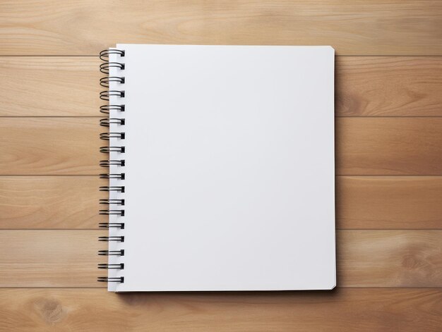 Top view of open spiral blank notebook on wood desk background Generative Ai