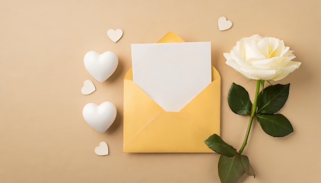Верхний вид открытого желтого конверта с бумажной карточкой, белыми сердцами и белой розой на бежевом фоне