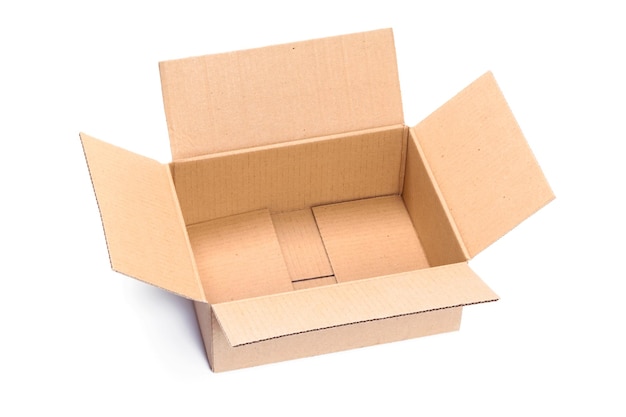 Top view of opened packaging cardboard box isolated on a white background in closeup