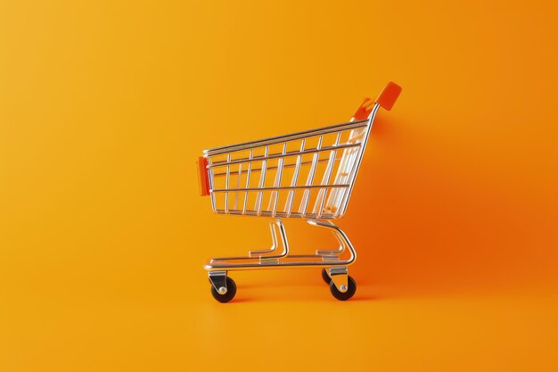 Top view of an orange background with a shopping trolley on a podium representing minimal autumn sho