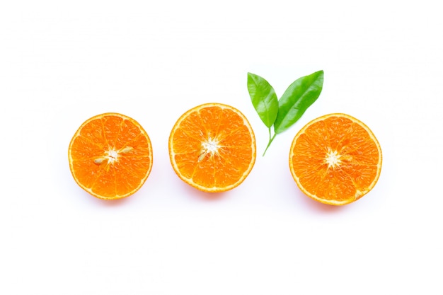 흰색 바탕에 오렌지 과일의 상위 뷰입니다.