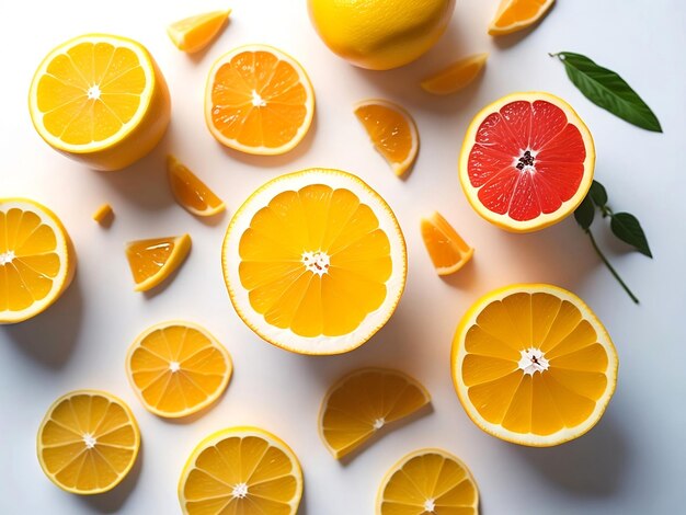 Top view Orange fruits Citrus and cut Copy space and white background generative ai