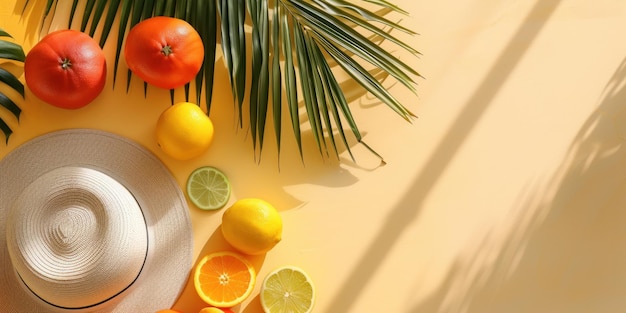 Top view orange fruits palms hat and straw hat on yellow background summer holiday