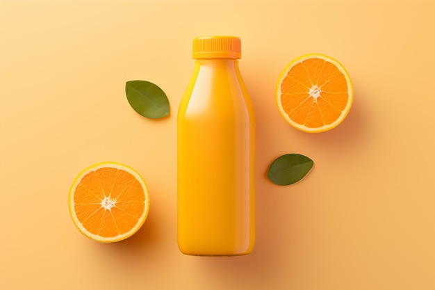 Photo top view orange juice in bottle