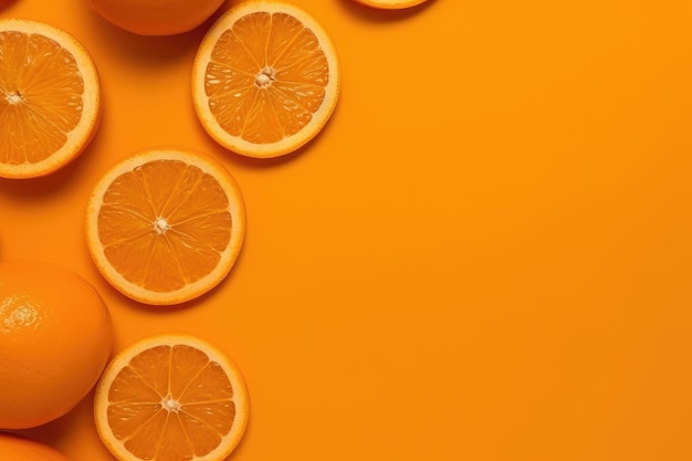 Top view of orange slices with copy space on orange background