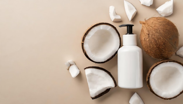 Top view of organic care product in white tube with pieces of fresh coconut on beige background