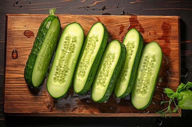 Top view of organic cucumber on wooden board