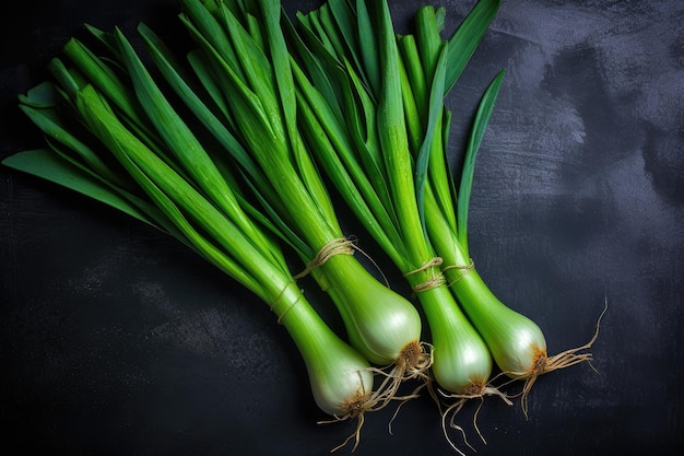 Top view of organic green leeks on textured black surface