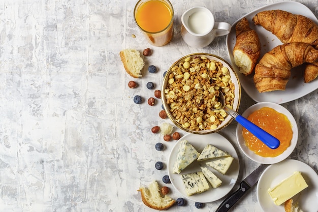 Top view of organic  morning breakfast.  