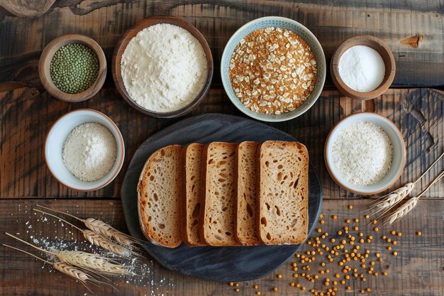 Photo top view of organic products bowls with different gluten free grains on wooden background