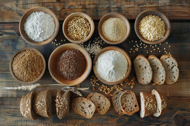 Photo top view of organic products bowls with different gluten free grains on wooden background