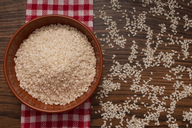 Top view organic rice in a bowl