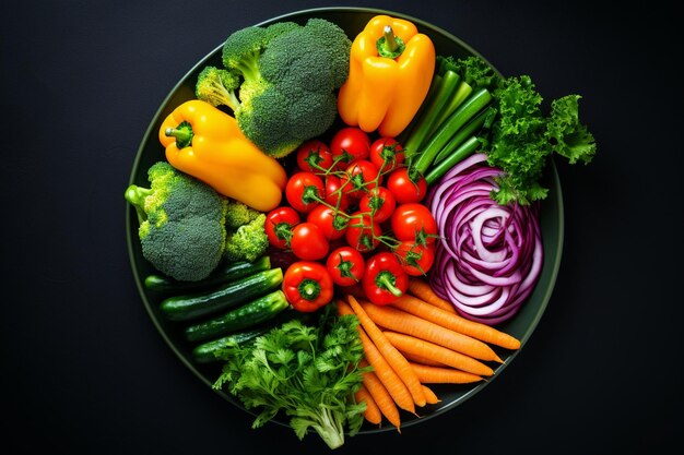 Top view of organic vegetables on plate