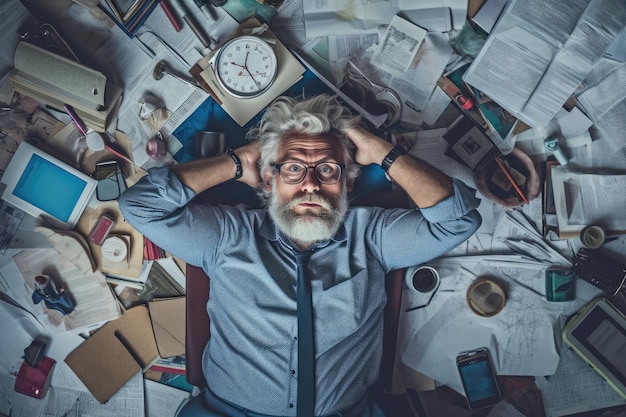 A top view of an overworked senior Scandinavian businessman lying on the floor that is full of papers and documents in an office scene Generative AI image AIG30