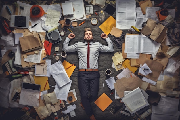 A top view of an overworked young Scandinavian businessman lying on the floor that is full of papers and documents in an office scene Generative AI image AIG30