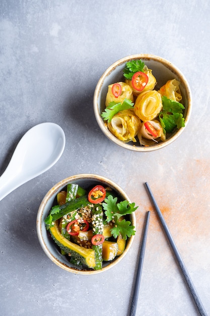 Top view pan-asian, korean kimchi on grey surface