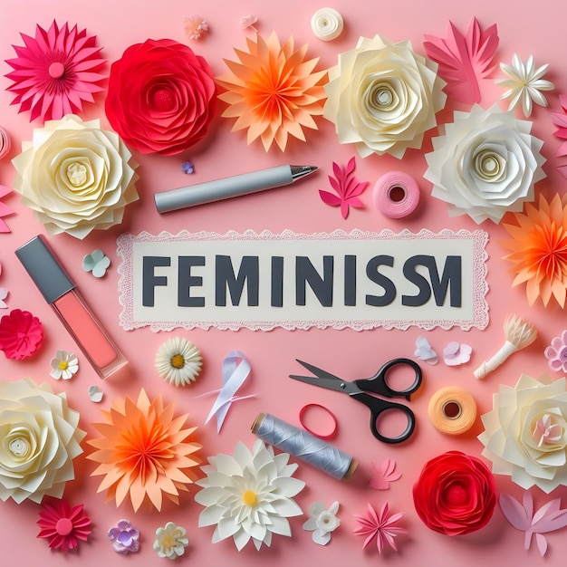 Top view of paper flowers with the word feminism for womens day