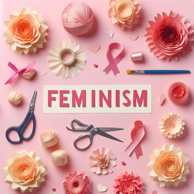 Top view of paper flowers with the word feminism for womens day