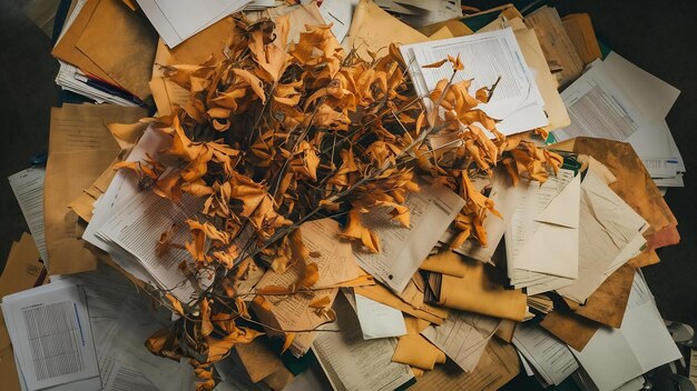 Photo top view of papers with dried leaves