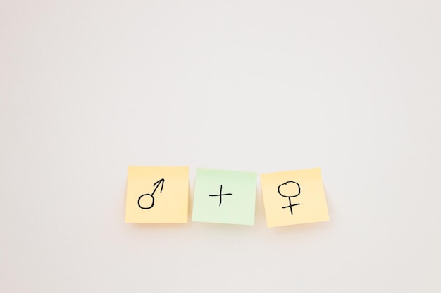 Top view of papers with plus sign and question mark near female symbols on white background