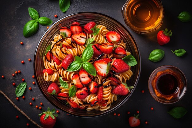 Top view pasta salad with balsamic vinegar