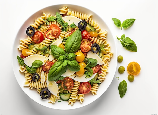 Top view pasta salad with vegetables on white background