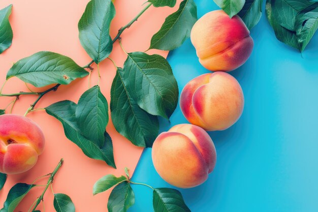 Top view of peaches with leaves on a pink and blue background