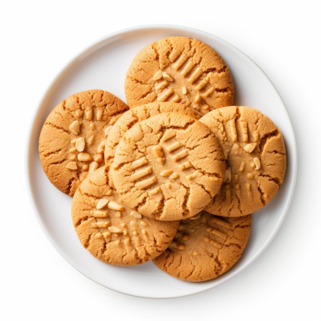 top view of peanut butter cookies in a plate isolated on a white