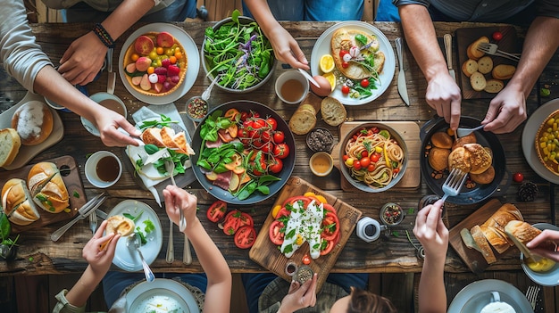 Top view of people eating a variety of delicious food at a wooden table