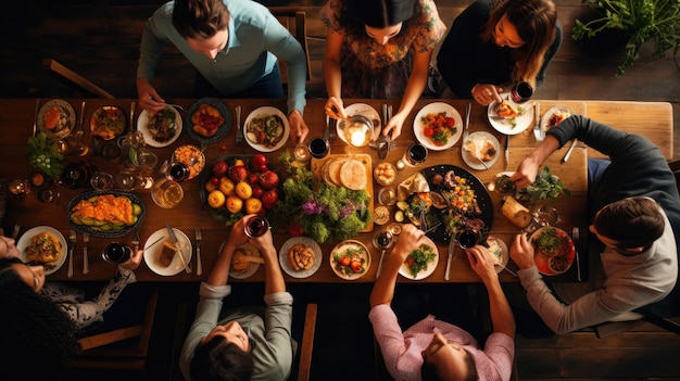 Top view of people having dinner party at bar restaurant Food and beverage lifestyle concept