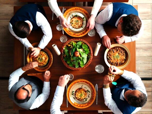 Top view of people having a feast for the first day of passover seder