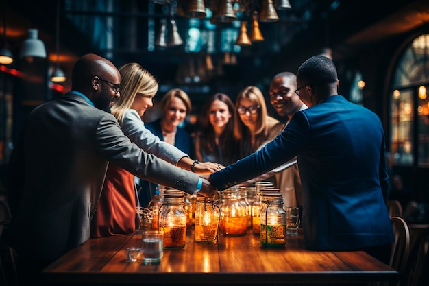 Top view of people putting hands together