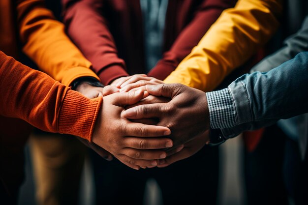 Top view of people putting hands together