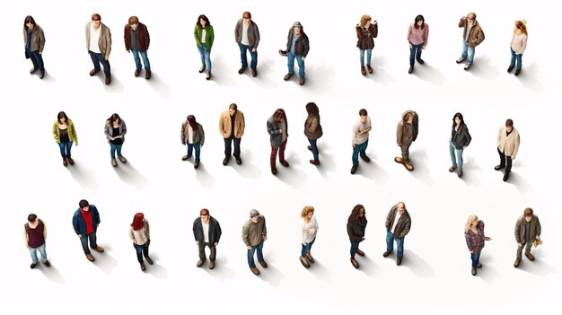 Photo top view of people set isolated on a white background men and women view from above male and female characters