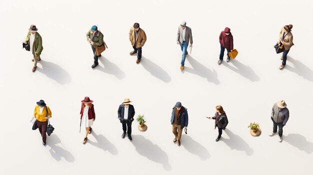 Foto vista superiore di persone isolate su uno sfondo bianco uomini e donne vista dall'alto personaggi maschili e femminili