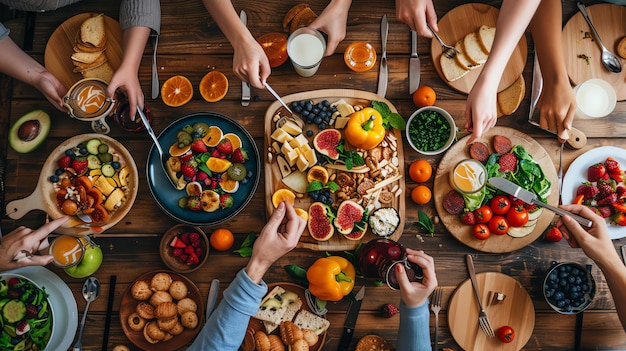 Photo top view of people sitting at a wooden table and eating healthy food