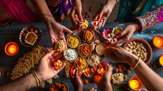 Top view of peoples hands holding traditional Indian food and oil lamps during Diwali celebration