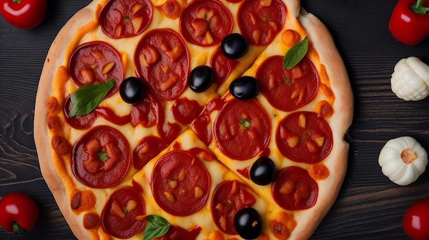 Top view of pepperoni pizza with mushroom sausages bell pepper olive and corn on black wooden