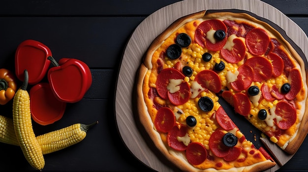 Top view of pepperoni pizza with mushroom sausages bell pepper olive and corn on black wooden