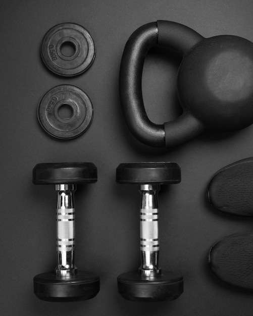 Top view perfectly ordered fitness items