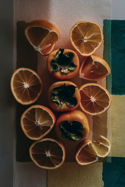 top view persimmons cut oranges