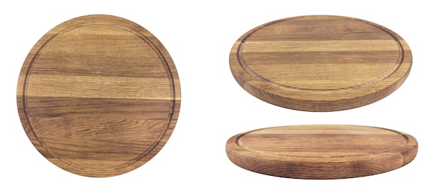 Top view and perspective of empty wood plate isolated