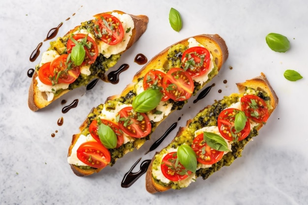 Top view of pesto bruschetta on marble countertop