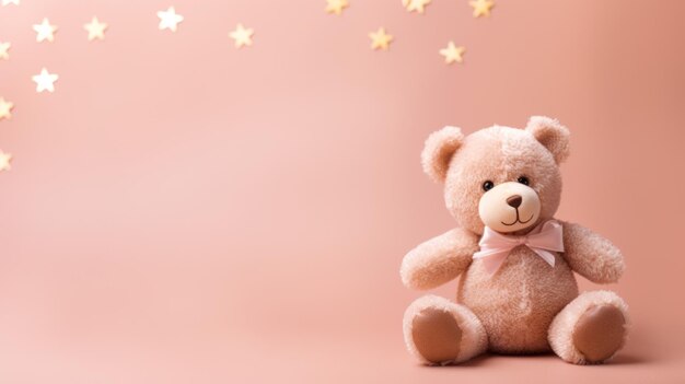 Top view photo of brown teddy bear doll with stars on isolated pink background with copy space