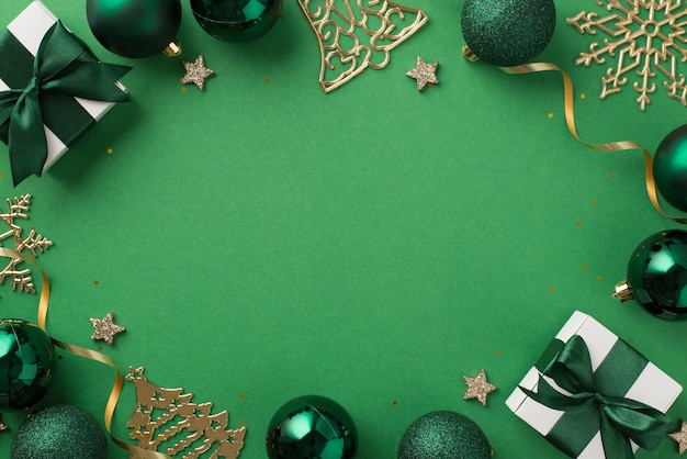 Top view photo of christmas decor green balls gold fir jingle bell snowflake ornaments serpentine sequins small stars gift boxes with bows on isolated green background with empty space in the middle